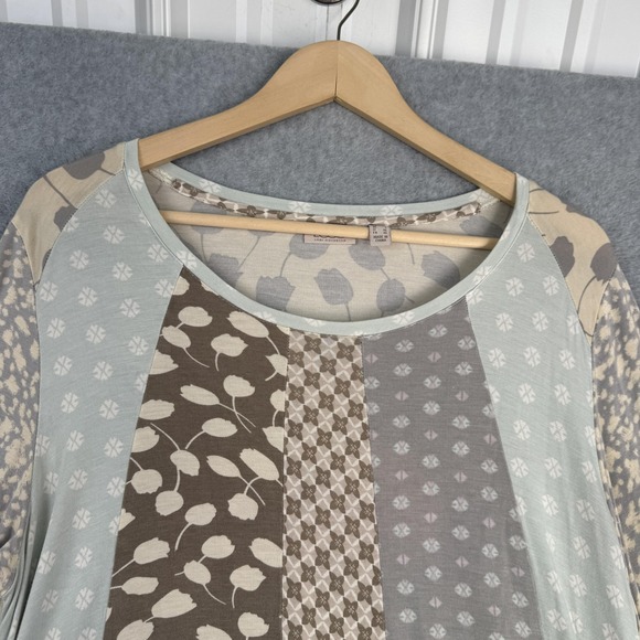 LOGO Lori Goldstein Top Womens L Blue Brown Patchwork Tunic Pockets Boho Flowy - Picture 4 of 9